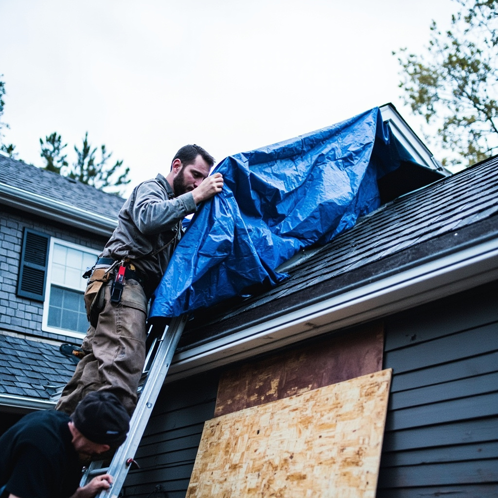 Emergency roof tarping in progress by Ironclad Wind Damage Repair in Van Buren, AR
